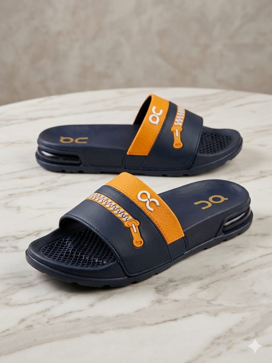 Men's Navy Blue & Orange Air Cushion Casual Slides